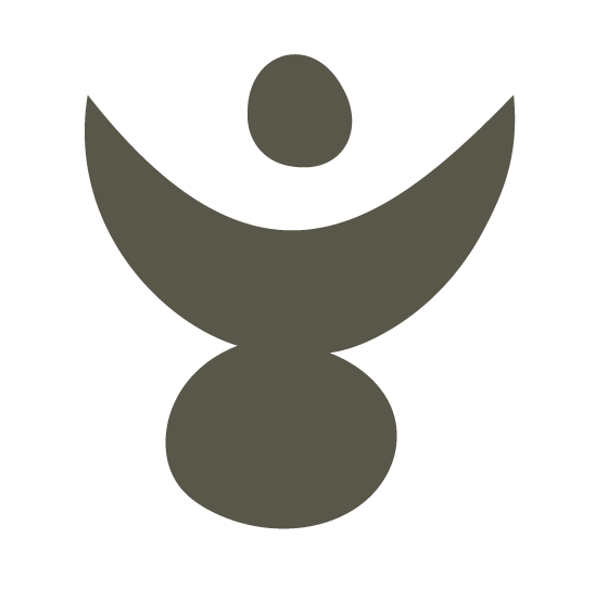 A stylized abstract figure with a circular head, a semi-circular body, and a smaller circle at the bottom, resembling a person with raised arms.
