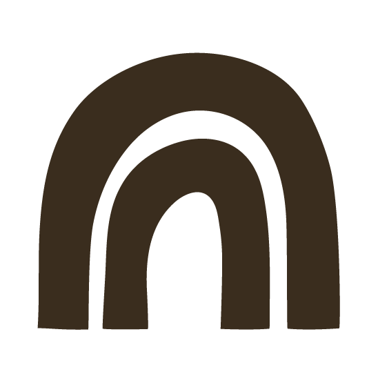 Illustration of a rainbow shape with two arches, both in dark brown.