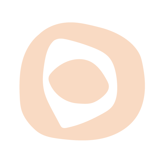 A stylized geometric circular shape in a peach pink that looks like an eye.