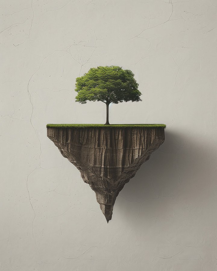 Floating island with grass and a tree on top, surrounded by a plain gray background.