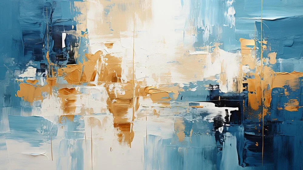 Abstract painting with blue, white, beige, and black brushstrokes creating a textured, layered composition.