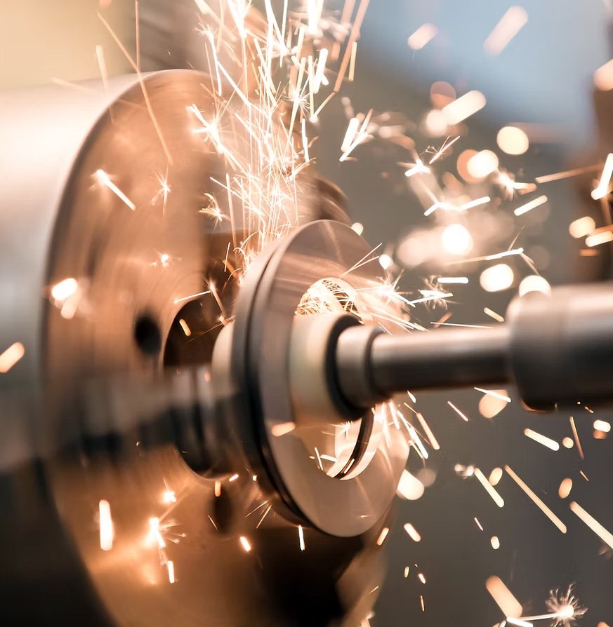 Close-up of a metal machine part being manufactured, sparks flying during machining process.