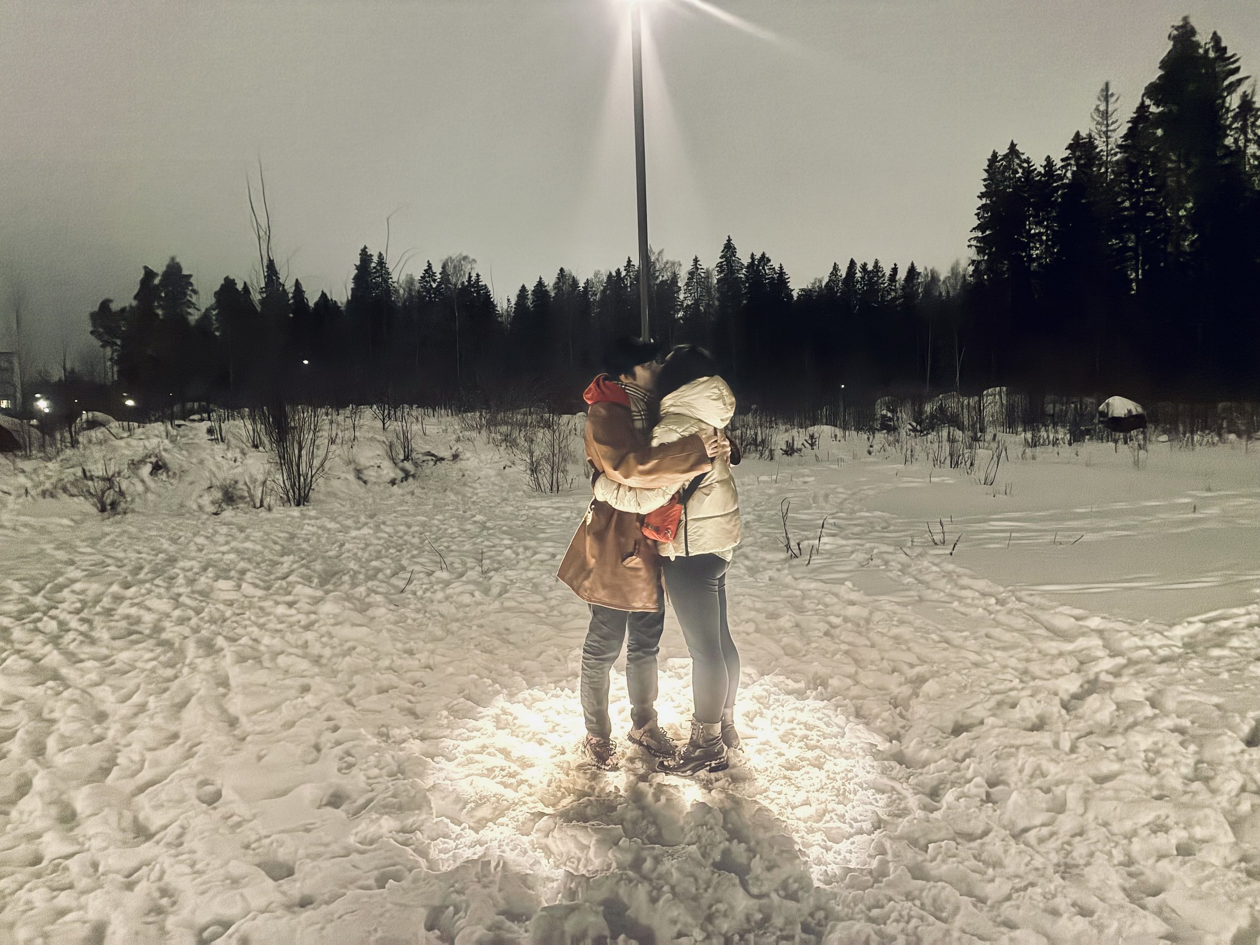 Two people embracing each other in a snowy outdoor setting at night, illuminated by a streetlamp, with trees and snow-covered landscape in the background.