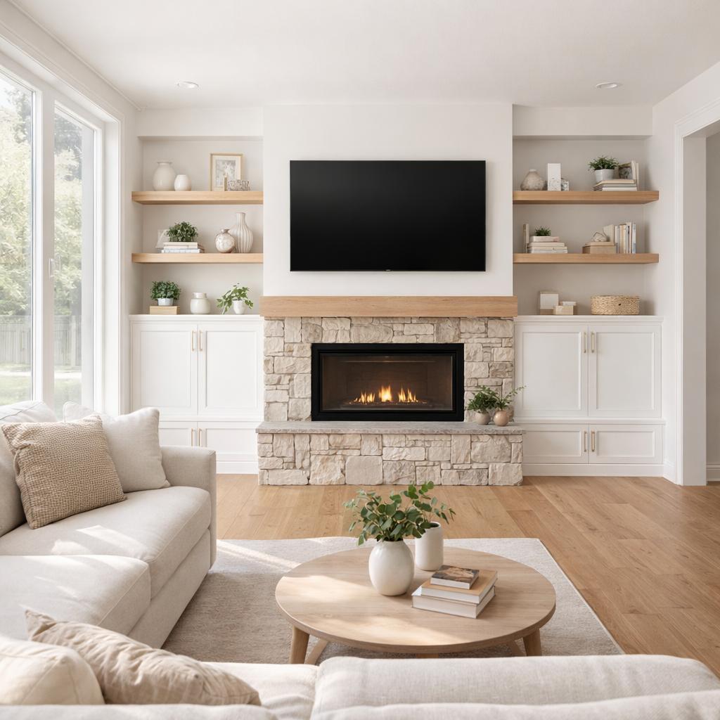 A living room with a stone fireplace, a flat-screen TV mounted above, built-in white shelves with decorative items, and a beige sofa with pillows. There is a round wooden coffee table with a vase and books, and large glass sliding doors letting in natural light.
