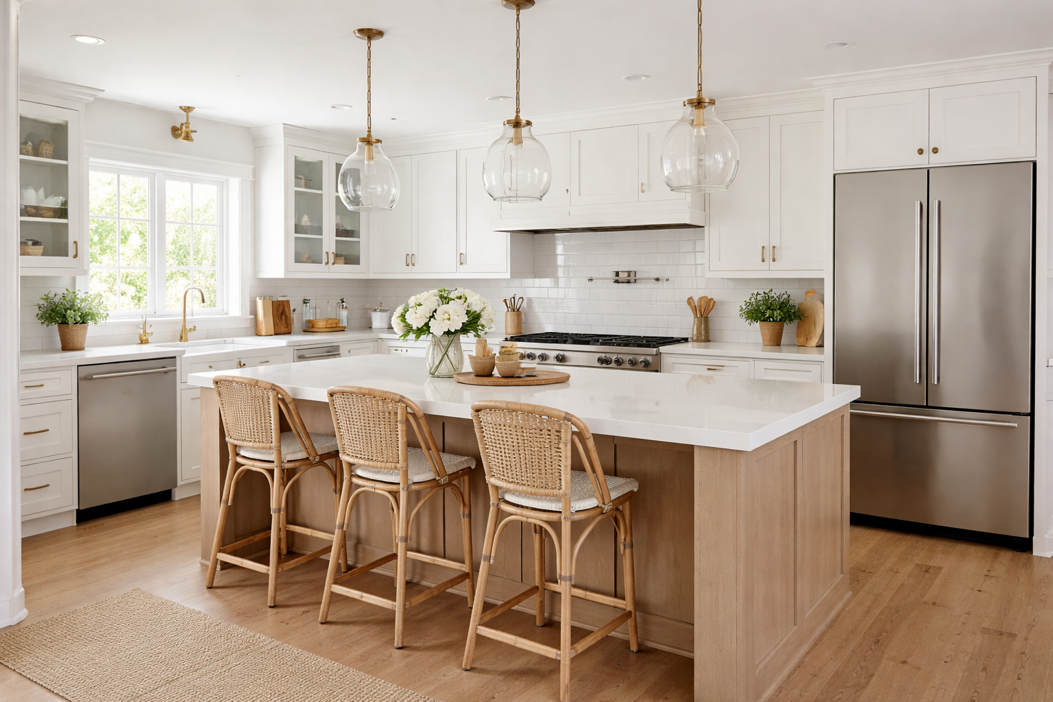 Bright kitchen with white cabinets, a large island with a white countertop, four wicker bar stools, stainless steel refrigerator, and pendant lights, decorated with potted plants, flowers, and wooden accents.