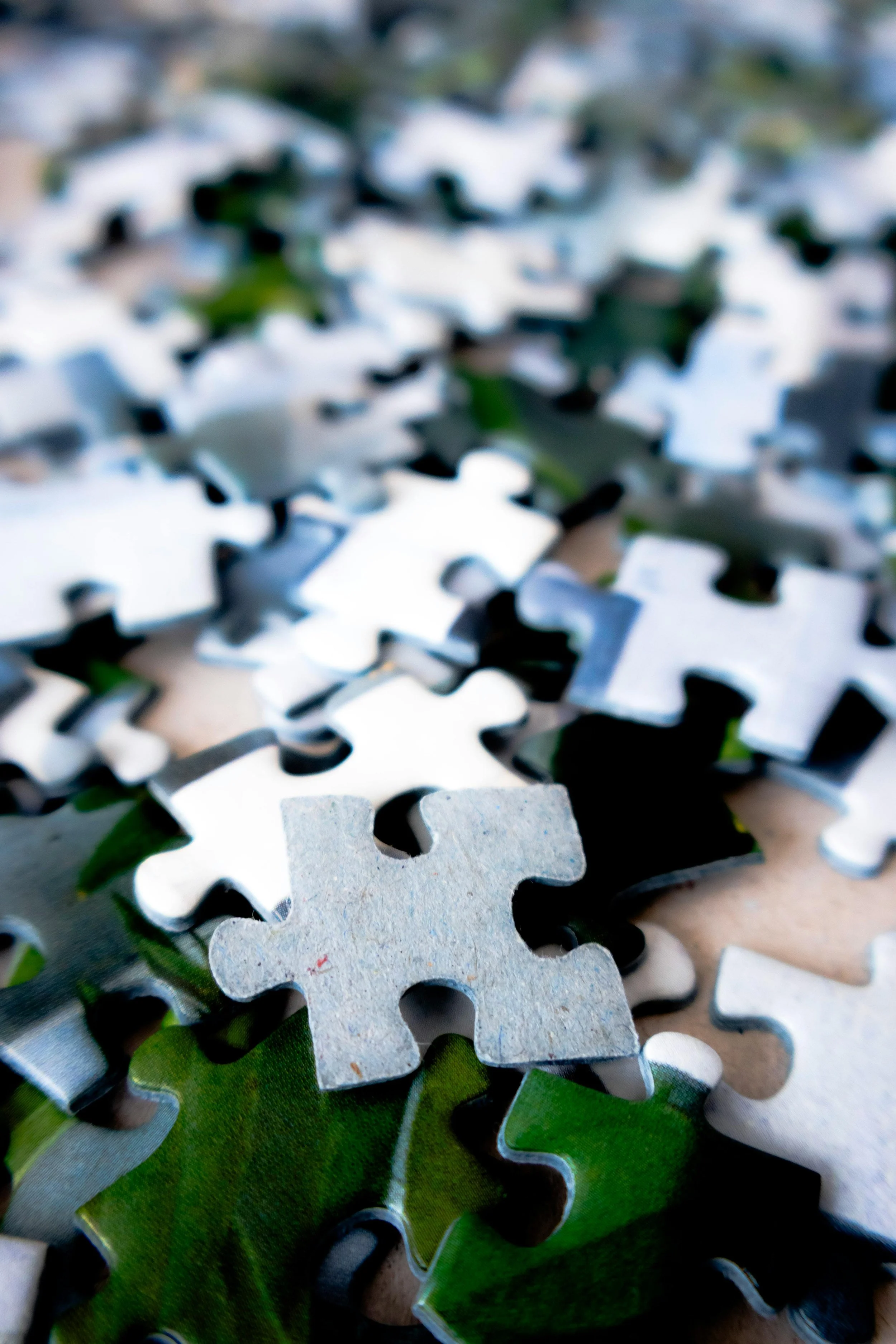 Close-up of white and silver metallic puzzle pieces on a wooden surface with some green leaves visible underneath.