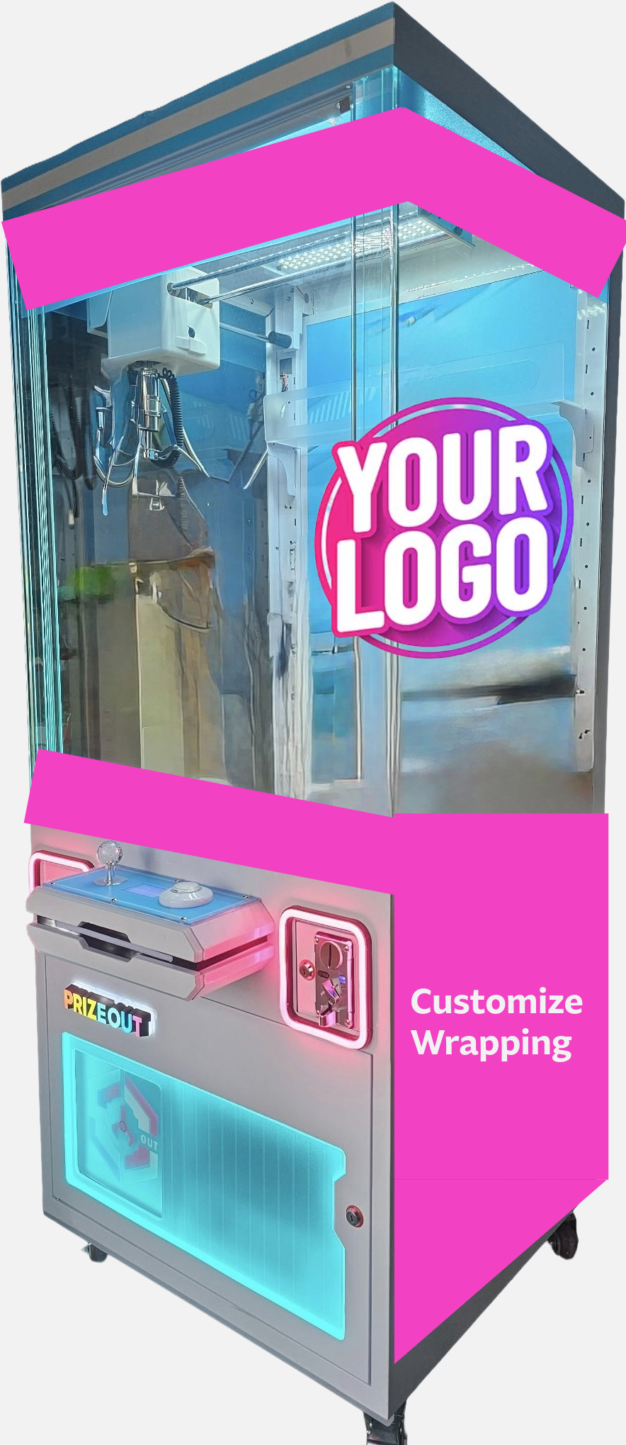 A pink and silver carnival prize claw machine with colorful neon lights, a wheel, and a logo space that says "Your Logo". It also has a sign that says "Customize Wrapping".