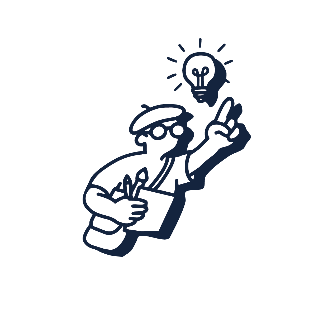 Illustration of a person wearing glasses and a hat, holding a notepad and pen, with a light bulb above their head indicating a new idea.