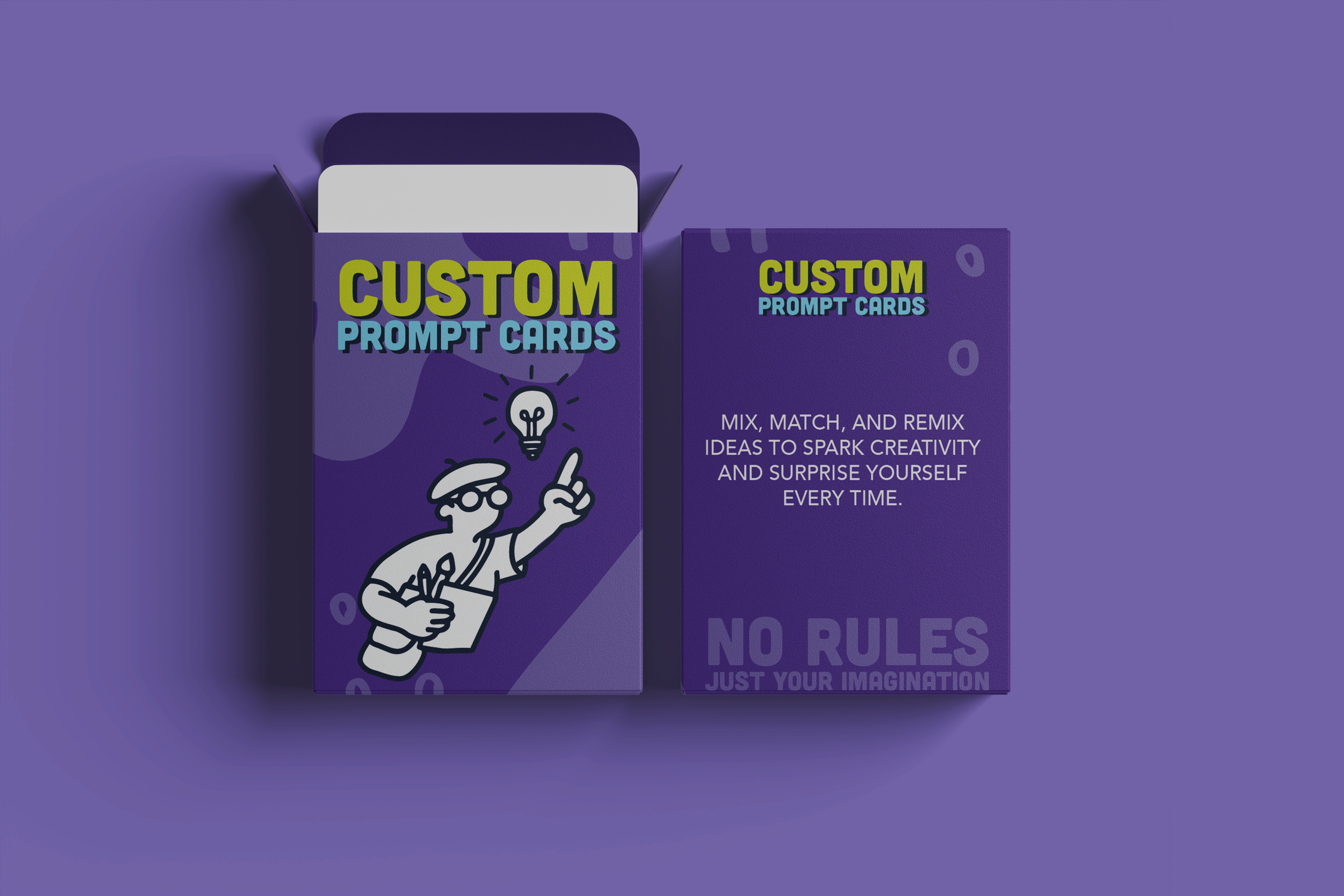 A purple box of custom prompt cards with a matching purple container, featuring cartoon graphics and text that reads 'Custom Prompt Cards' and 'No Rules, Just Your Imagination'.
