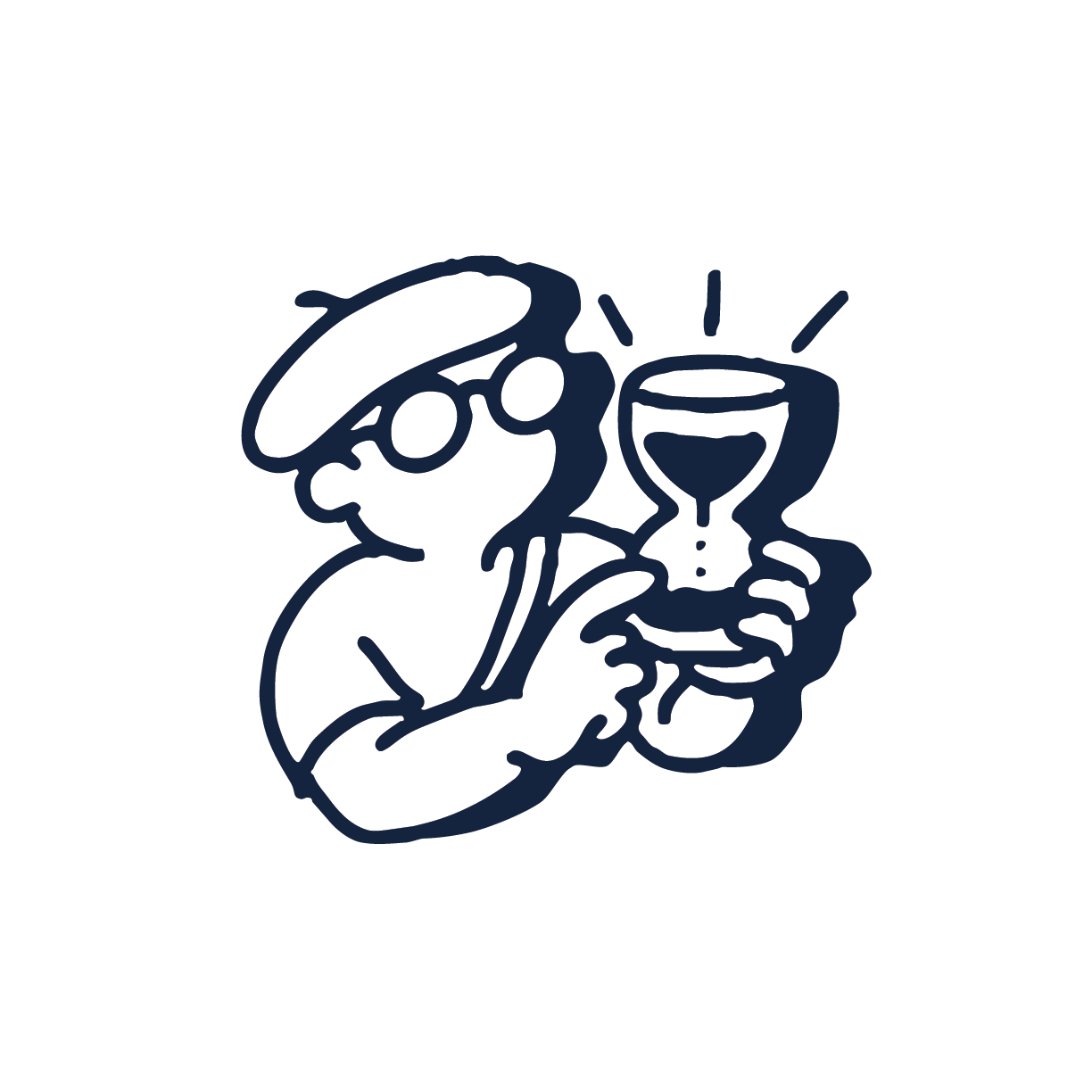 Cartoon drawing of a person wearing sunglasses and a beret, holding a glass of wine.