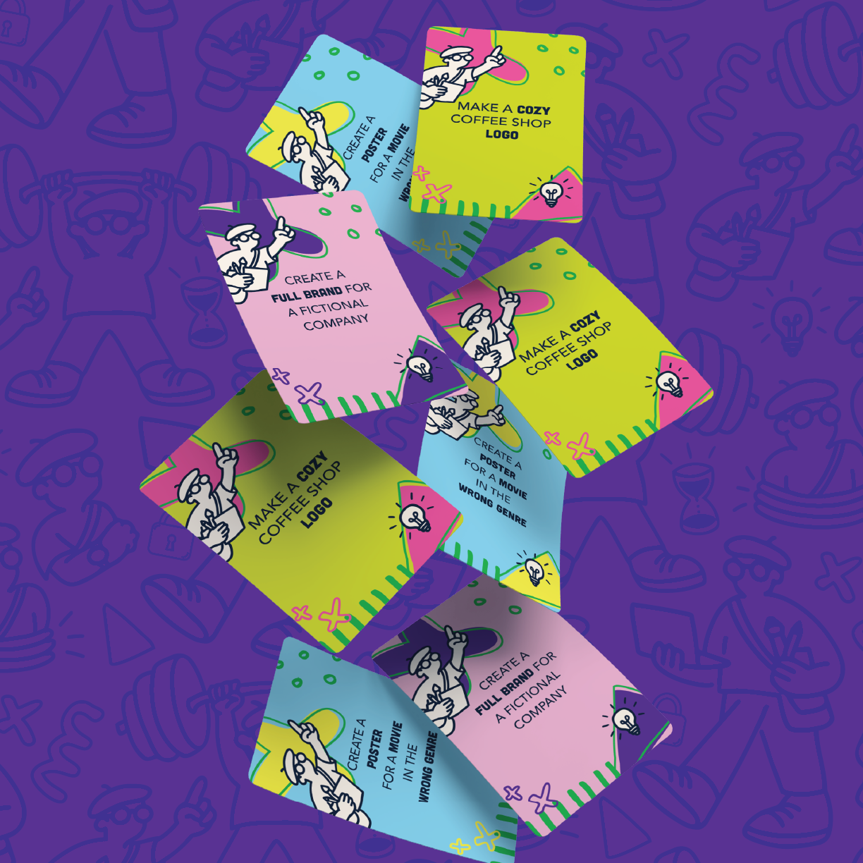Colorful infographic featuring cards with prompts to create a poster for a movie in the wrong genre, make a cozy coffee shop logo, and create a full brand for a fictional company. The cards are scattered on a purple background with line art drawings of people, coffee cups, and movie-related icons.