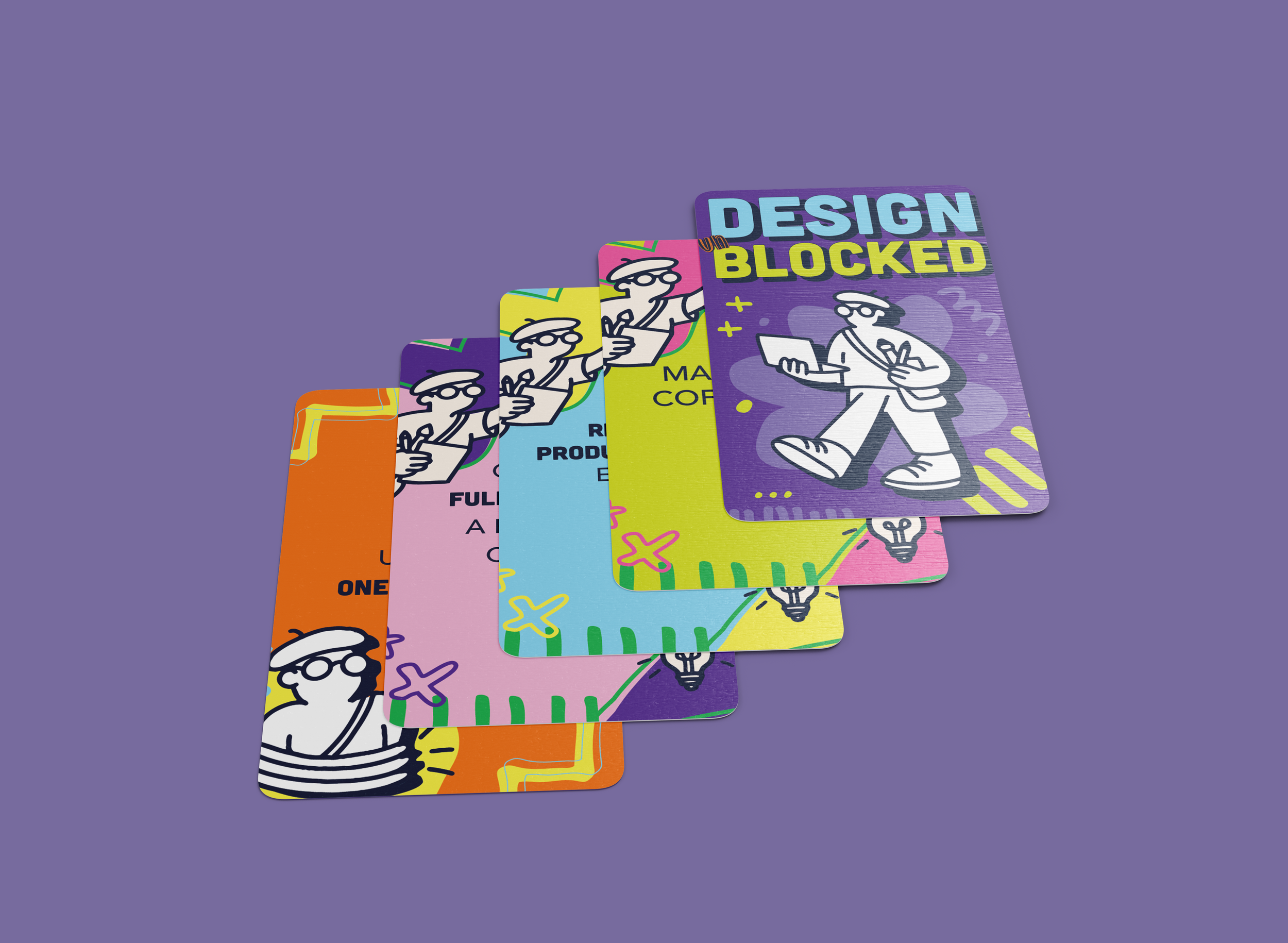 Stack of colorful cards with illustrations of a person wearing glasses and a hat, each card featuring different background colors and designs, with one card reading 'DESIGN BLOCKED'.