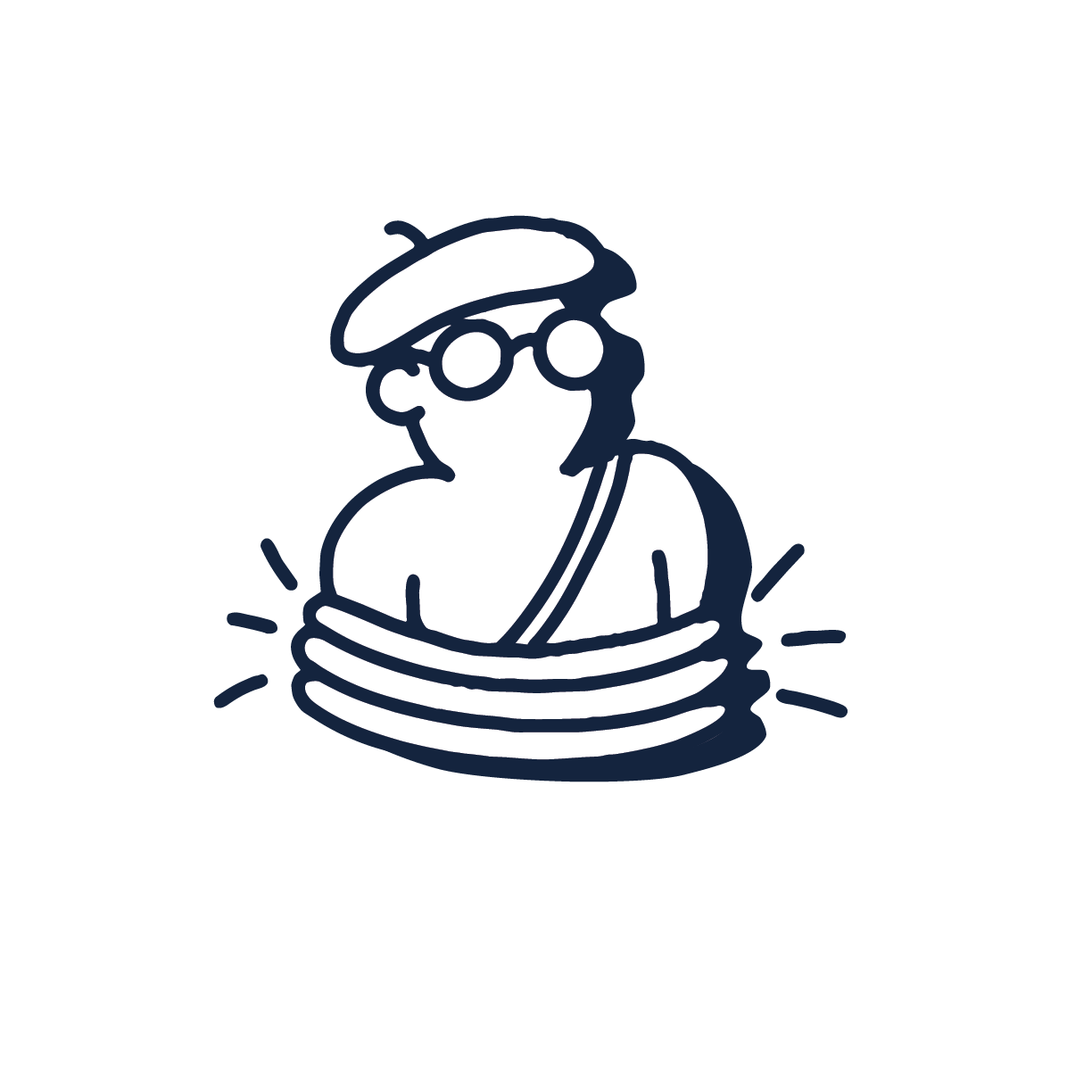 Illustration of a person with glasses and a beret, wrapped in bandages, with lines indicating injury or pain.