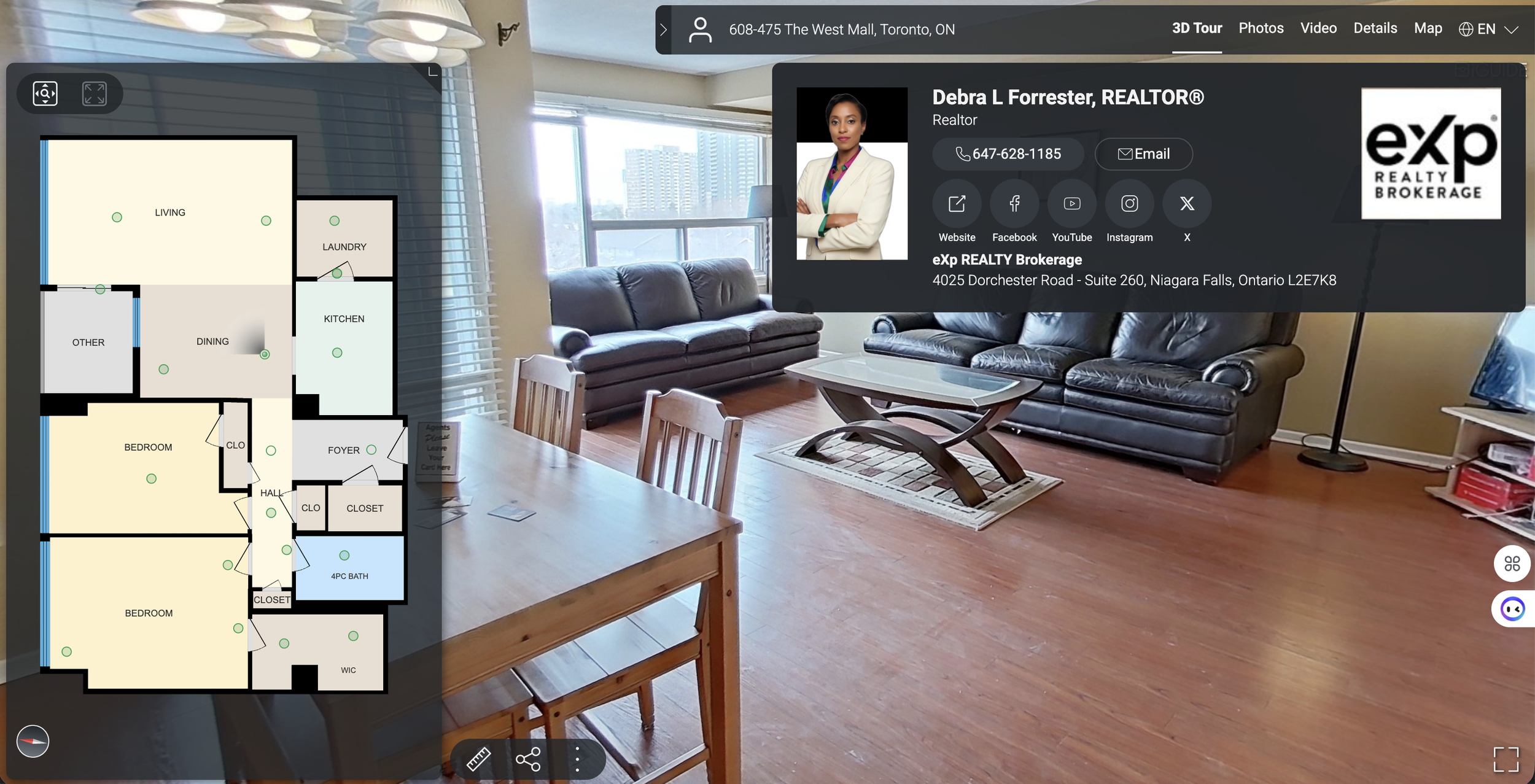 Real Estate Niagara Homes - iGuide - Living room with large windows, hardwood floors, two leather sofas, a coffee table, and a floor lamp. To the right, a small TV stand with electronic devices. Includes floor plans. 