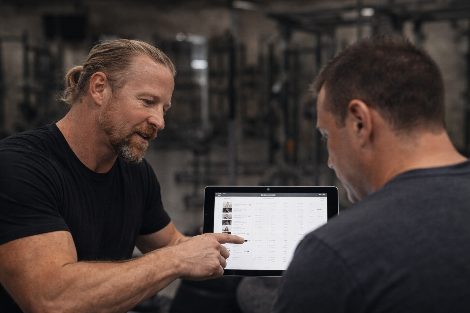 Two men discussing training and nutrition protocols on a tablet in a gym or fitness center.