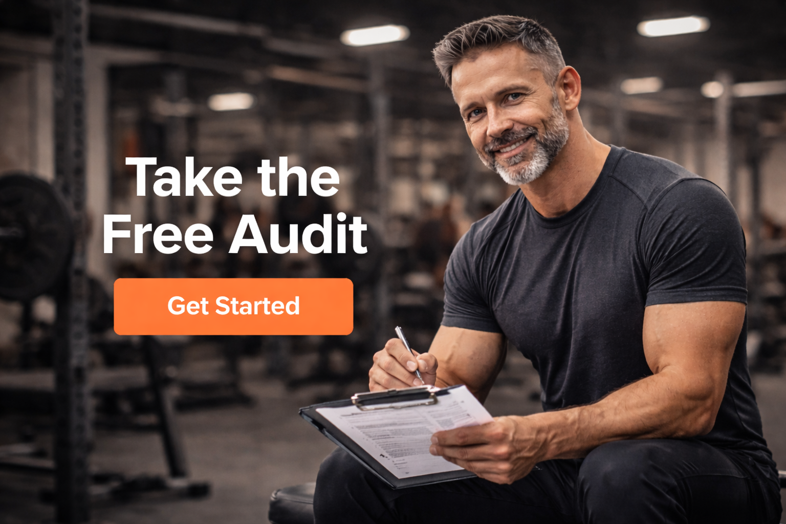 A smiling man in a gym holding a clipboard and pen with weightlifting equipment in the background, promoting a free audit with a 'Get Started' button.