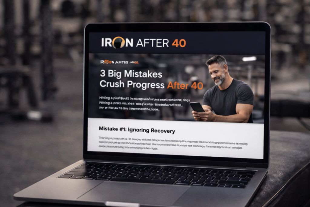 Laptop screen displaying Iron After 40 articles titled '3 Big Mistakes Crush Progress After 40' and other training resources
