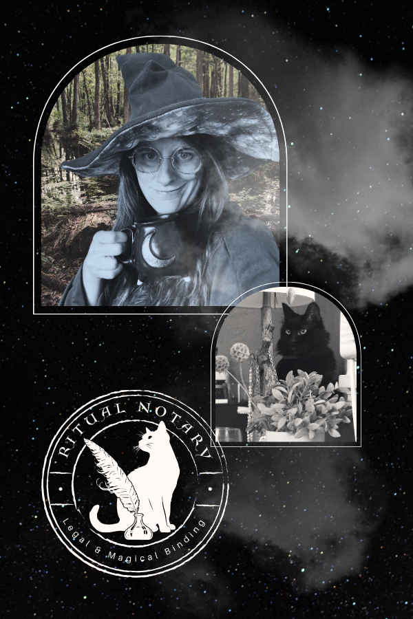 A woman dressed as a witch with a large, floppy hat, holding a cup, standing in a forest. Next to her is a black cat sitting among flowers and decorations on a table. The background features a space-themed design with stars, and a logo for "Retaliation Legal & Magical Binding" with a cat with a quill pen.