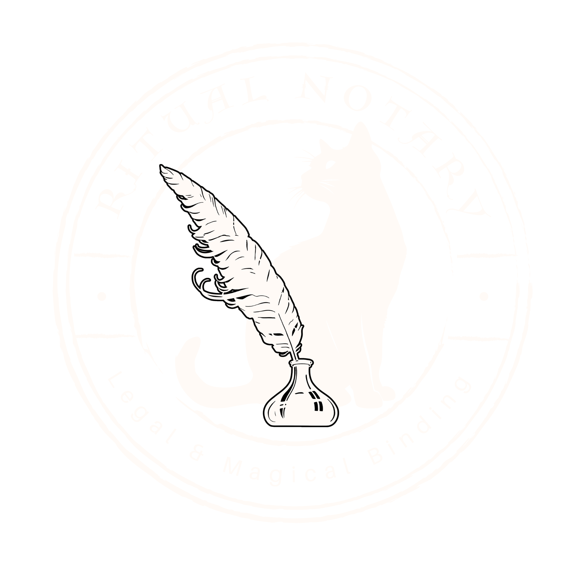 A circular black-and-white logo with a white cat sitting beside a quill in an ink bottle, surrounded by text that reads "Royal Notary" at the top and "Legal & Magical Binding" at the bottom.