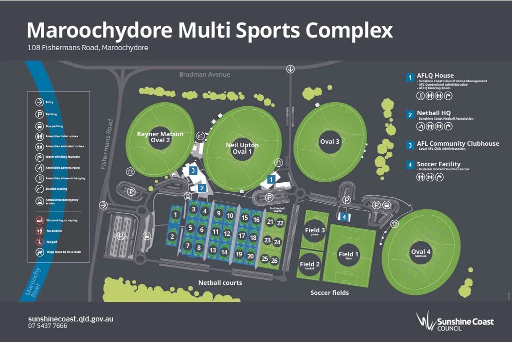Map of Maroochydore Multi Sports Complex showing fields, courts, buildings, and amenities with labels and icons for parking, toilets, showers, and accessibility.