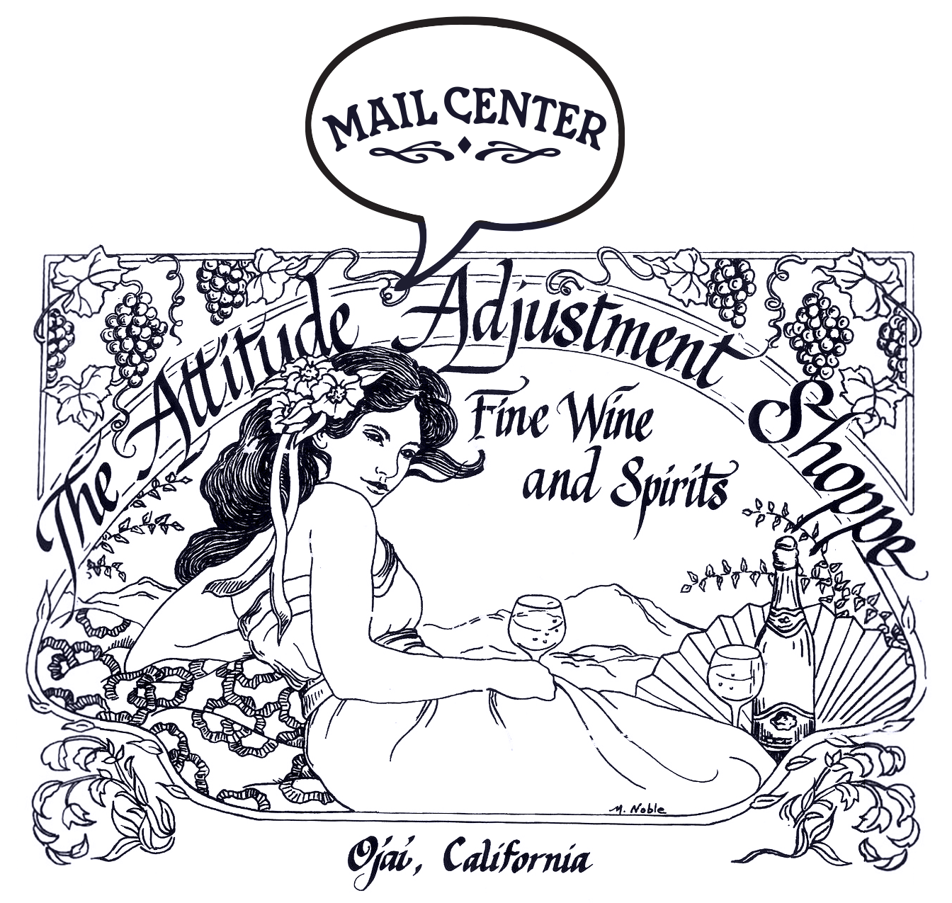 Vintage Attitude Adjustment Shoppe Fine Wine and Spirits logo illustration, Ojai, California