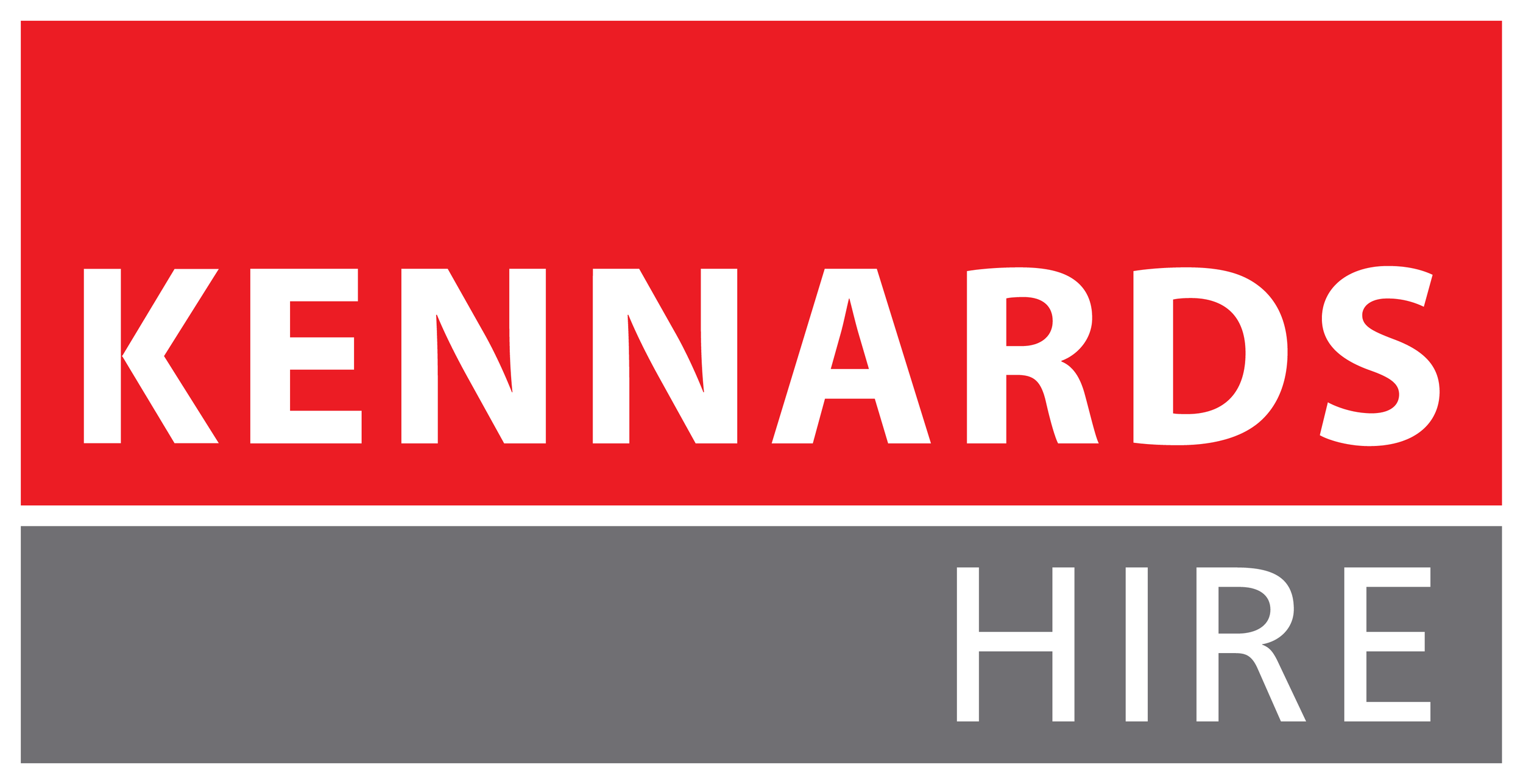 Sign with a red top section with white text reading 'KENNARDS' and a gray bottom section with white text reading 'HIRE'.