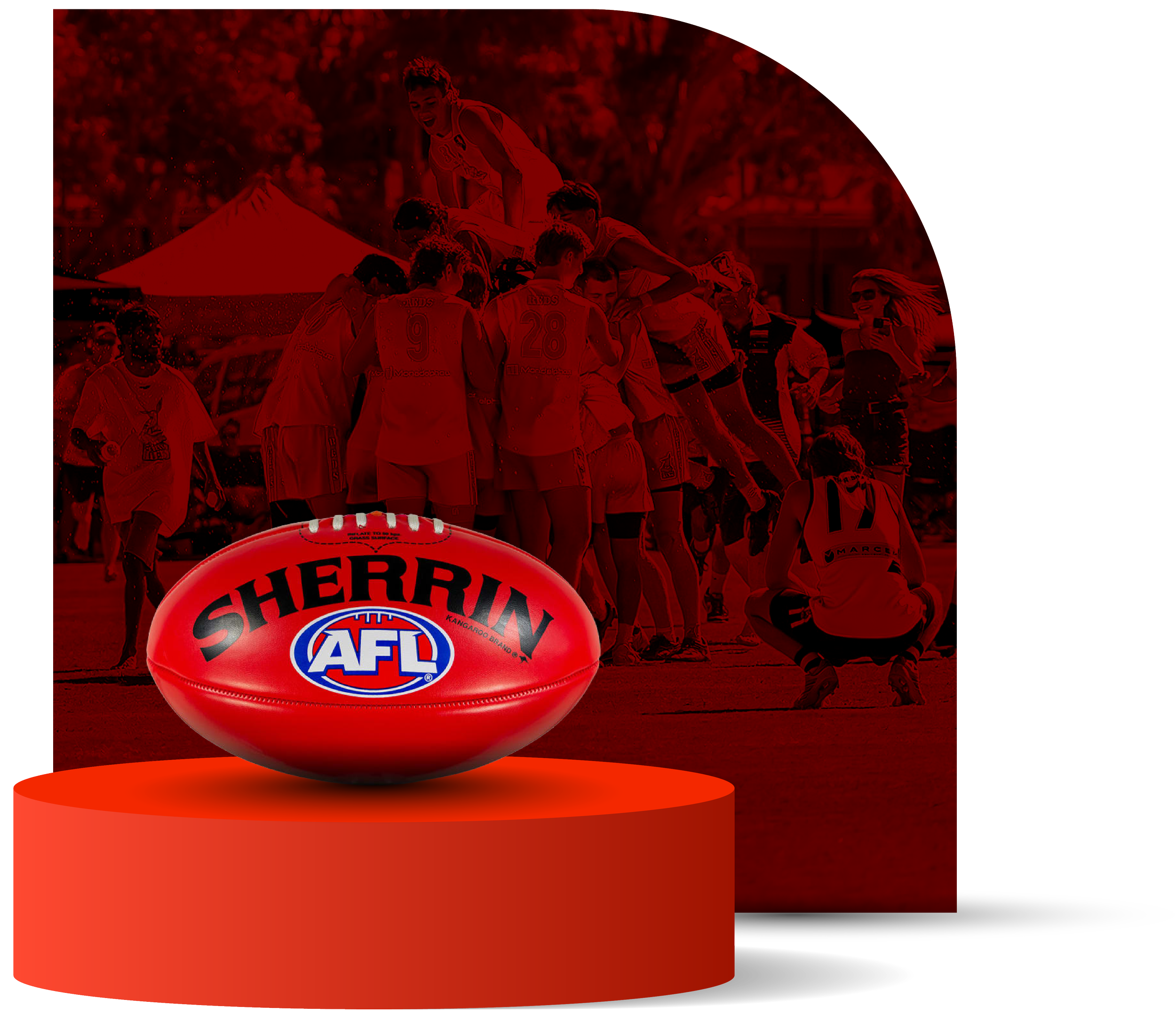 An Australian Football League (AFL) Shamrock football on a red podium, with a background image of a team celebration on a football field.