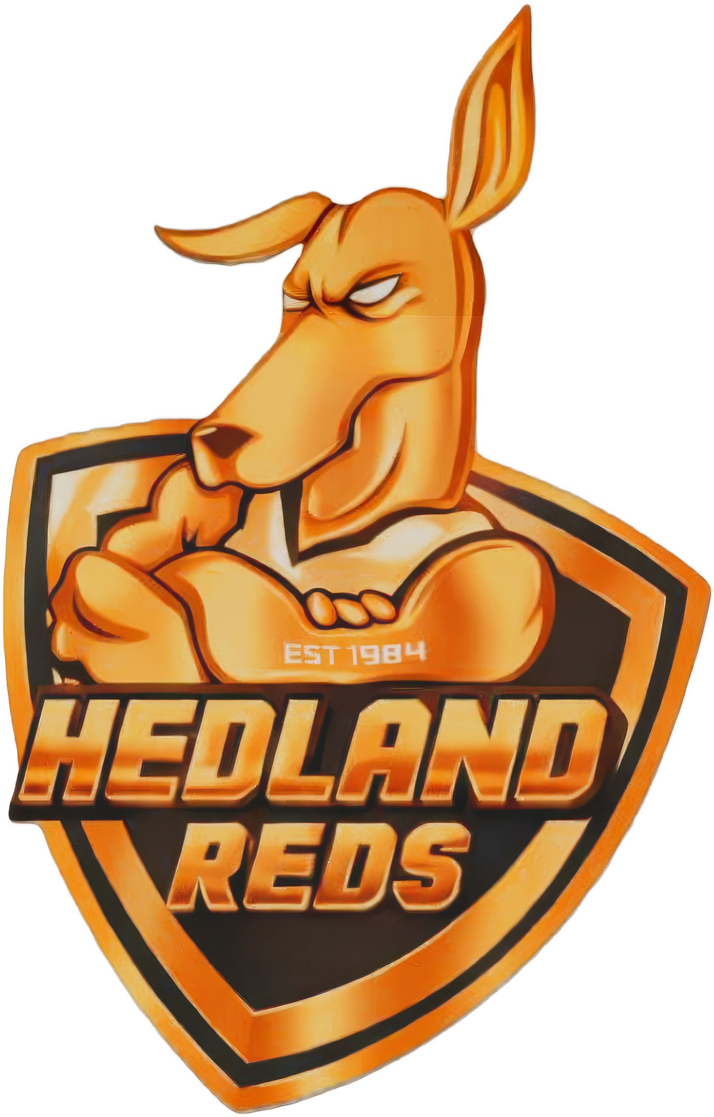 A logo featuring a stylized, anthropomorphic kangaroo with muscular arms, crossed in front of its chest, within a shield-shaped border. The logo reads "HEDLAND REDS" and has a text "EST 1984" below the kangaroo's chin.