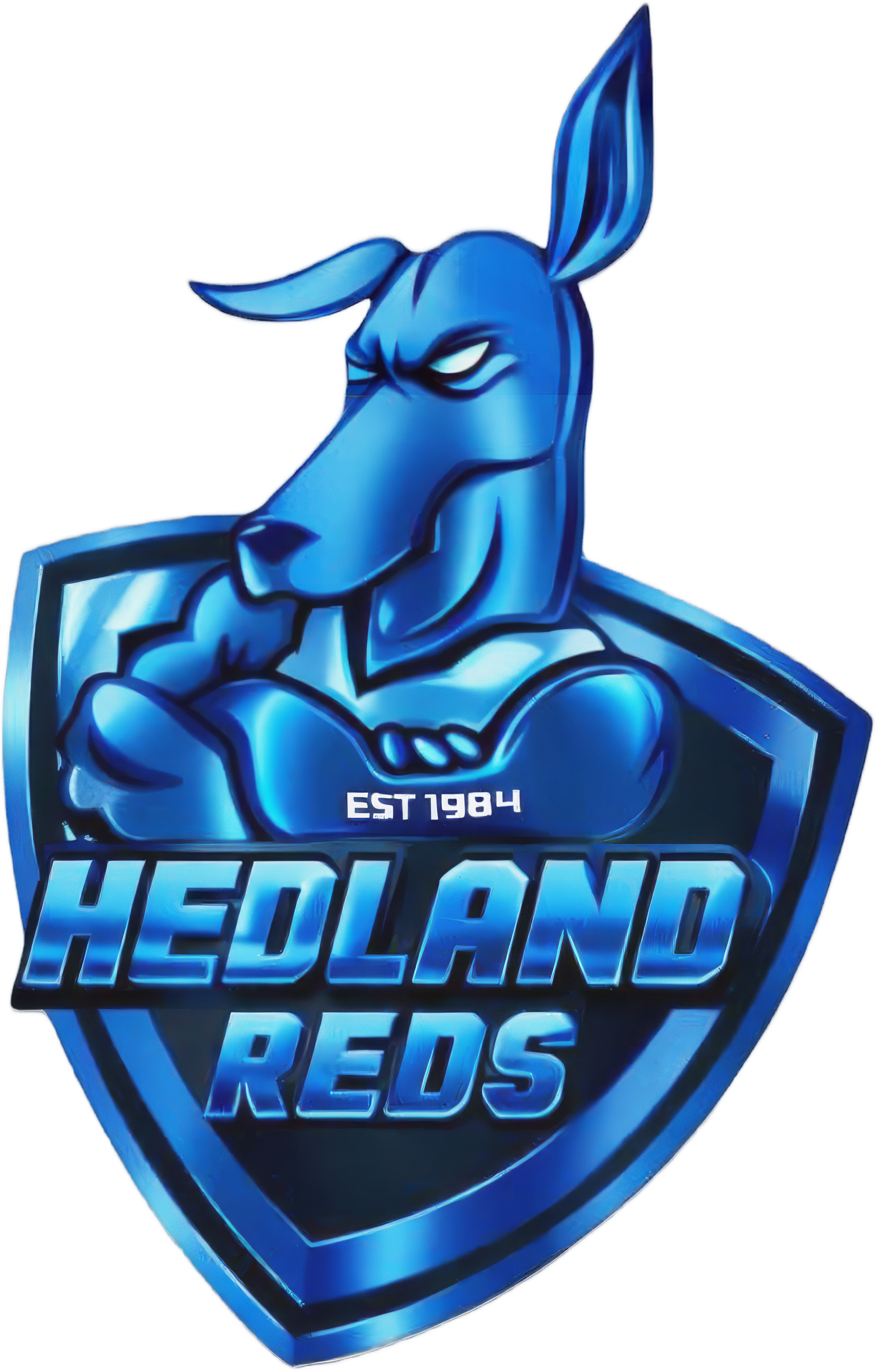 Blue robotic donkey with crossed arms, wearing a confident expression, with the text 'HEL-LAND REDS' and 'EST 1984' on a badge.