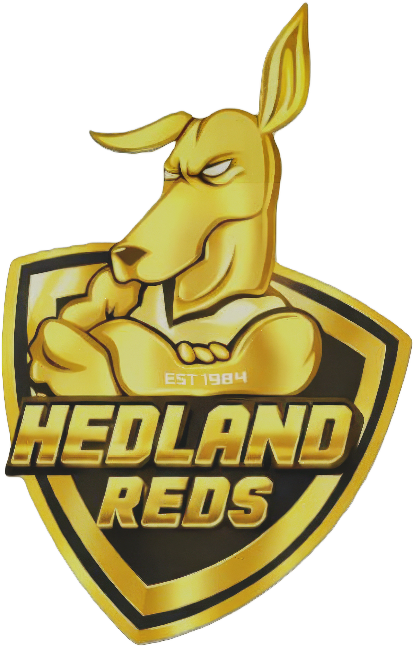 A logo featuring a muscular anthropomorphic aardvark with crossed arms, yellow fur, and a serious expression, with the text "Hedland Reds" and "EST 1984" on a shield-shaped background.