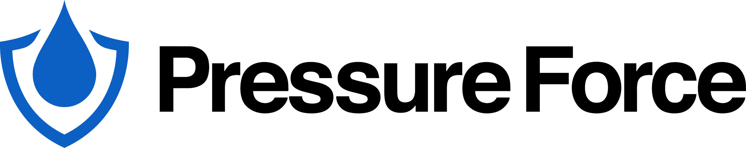 Pressure Force logo, featuring a blue shield with a water droplet inside and the words 'Pressure Force' in black text.