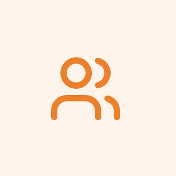 Icon of two orange outlined human figures, one slightly in front of the other on a light background.