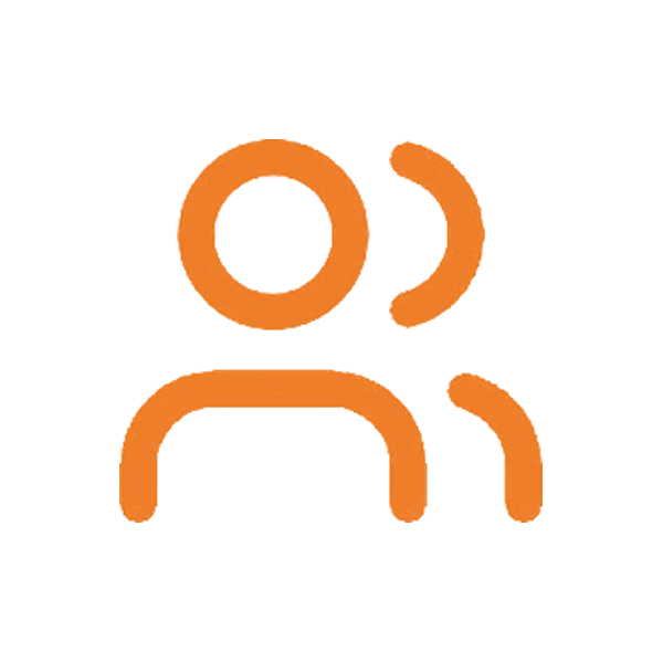 Icon of two orange outlined human figures, one slightly in front of the other on a light background.