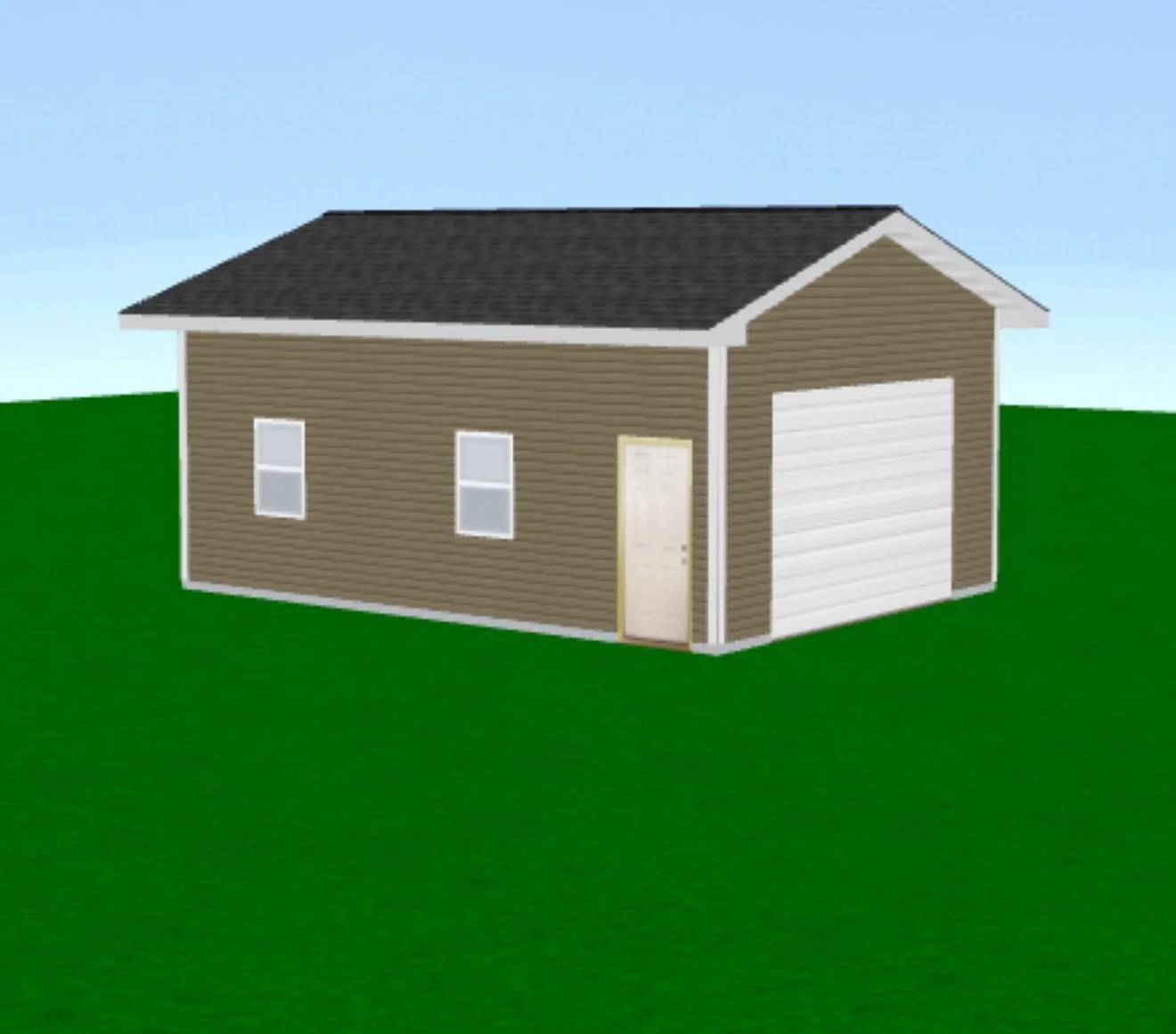 Digital illustration of a small, beige, two-story house with a dark shingled roof, two windows, a side door, and a white garage door on a grassy landscape under a blue sky.