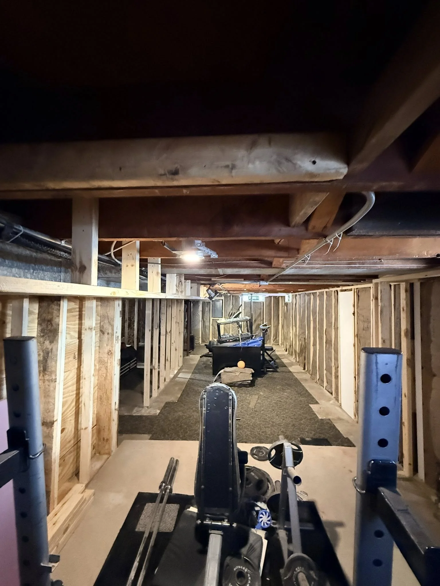 Home gym in progress with exposed wooden framing on the walls and ceiling, a treadmill, and workout equipment on a carpeted floor.
