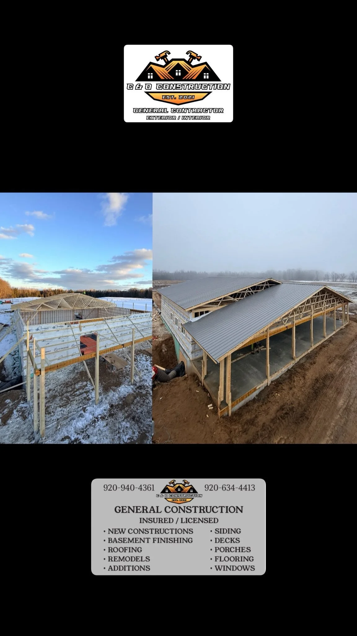 Construction site with new building framed and partially roofed, under a clear sky, showing stages of construction. Business card for General Construction with contact info and services listed.