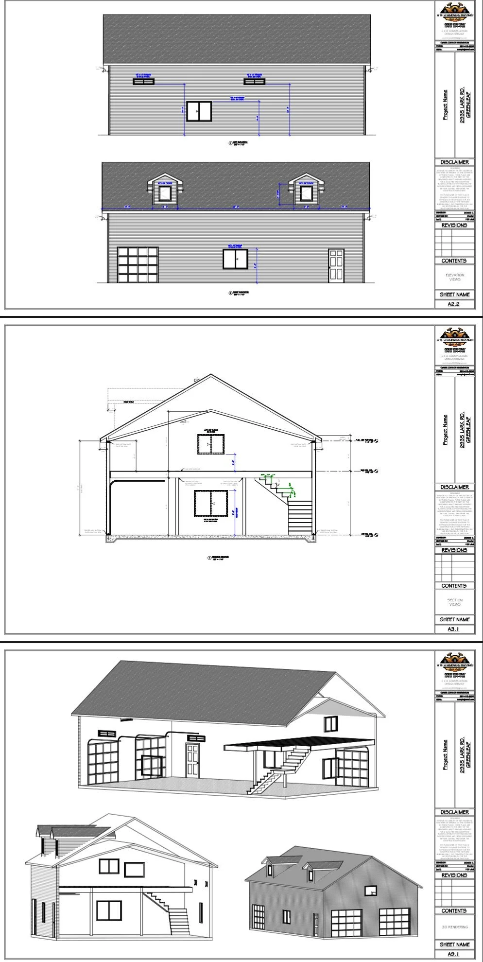 Architectural blueprints of a two-story residential building, showing front, side, and cross-sectional views with detailed measurements, windows, doors, roof, and interior staircase.