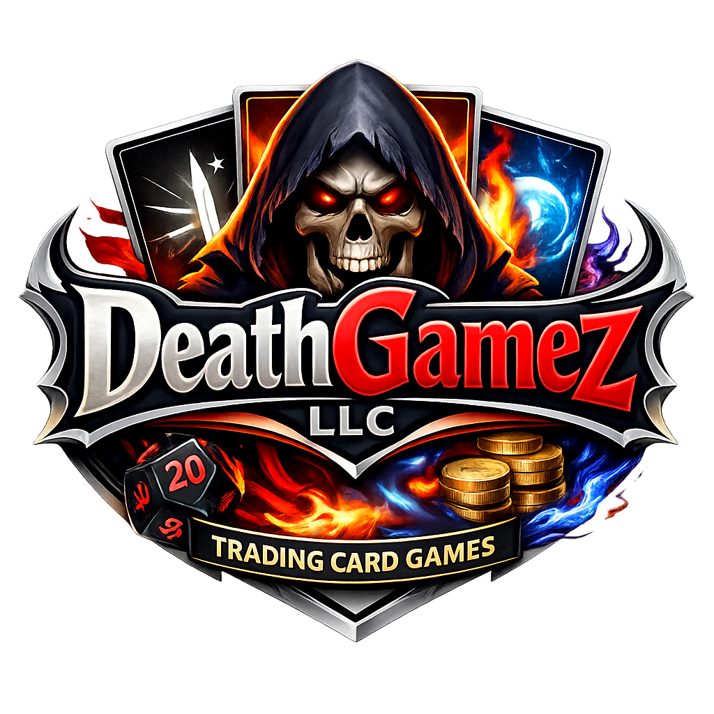 Logo for Death Gamez LLC featuring a sinister skull with glowing red eyes, a hooded figure, trading cards, poker chips, and fiery and icy visual elements.