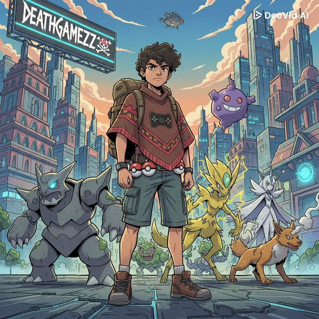 A young boy with a backpack standing in a city with tall buildings and a sunset sky, surrounded by various Pokémon like Gengar, Alolan Dugtrio, Tapu Koko, Flareon, and Arcanine, with a billboard that says 'Deathgamerz' and a flying drone.