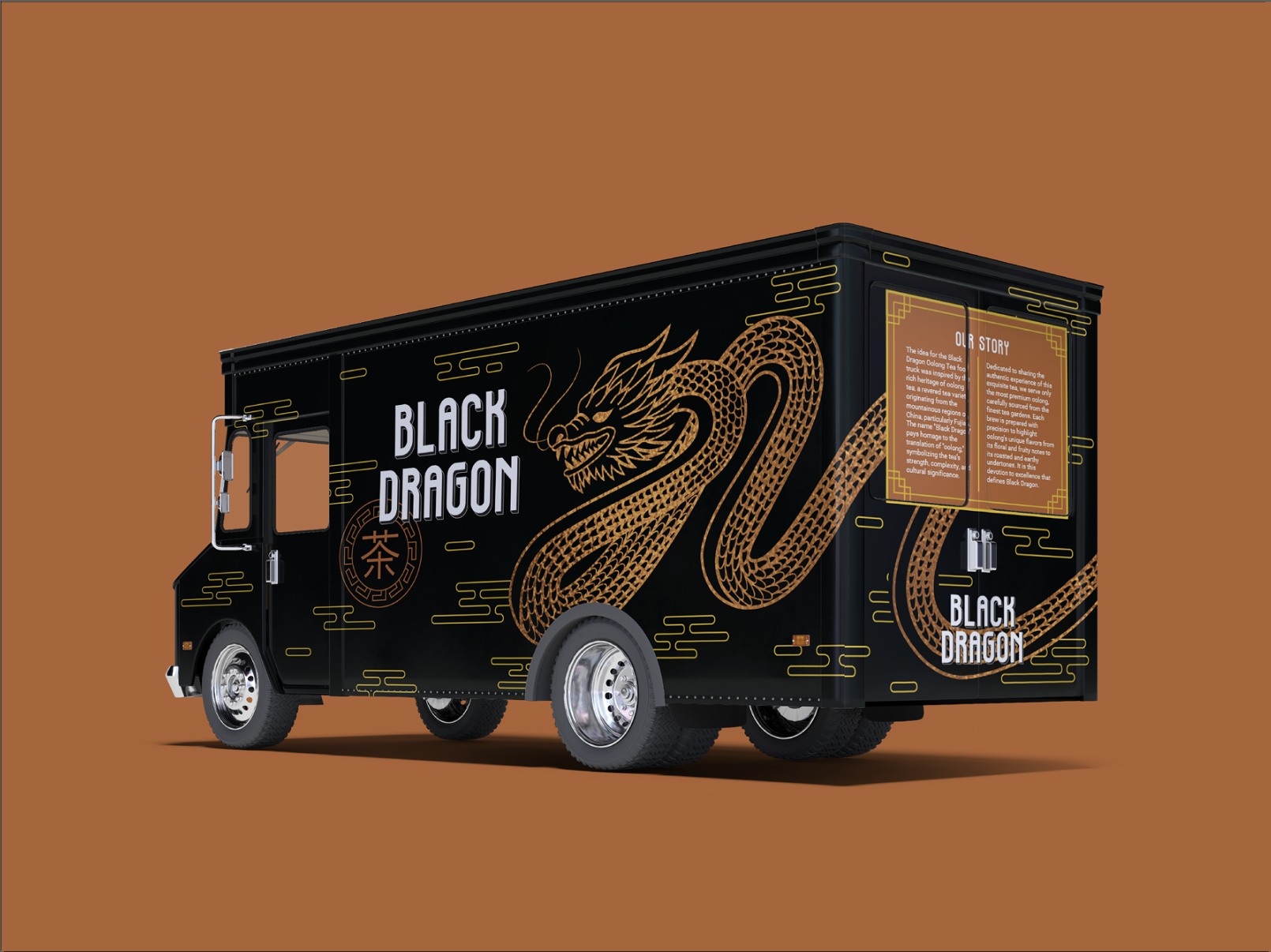 Food truck decorated with a black and orange dragon design, text 'Black Dragon', and informational panels on the side.