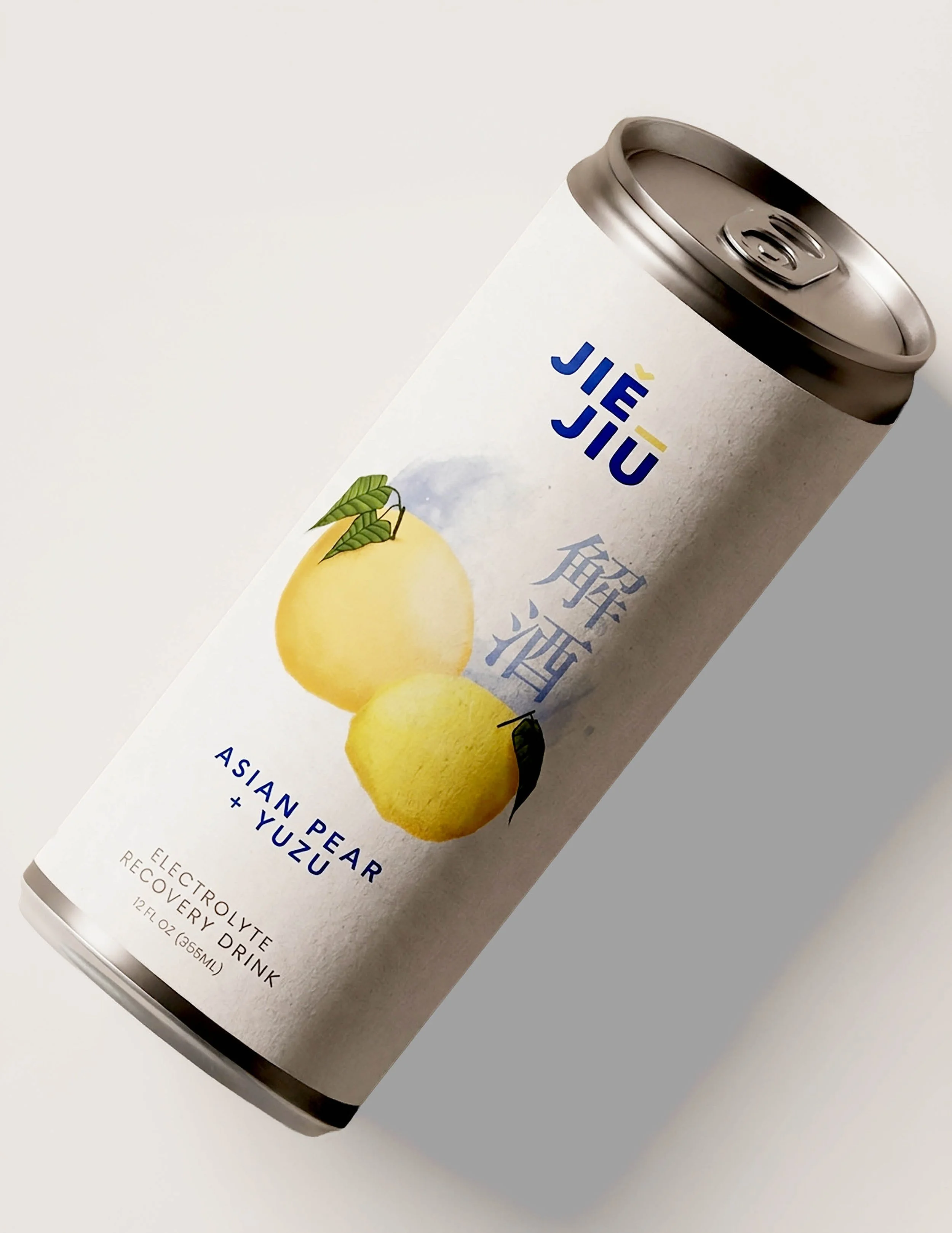 A canned beverage container with a metallic top and a white label featuring yellow fruit illustrations and Asian language script, indicating peach flavor.