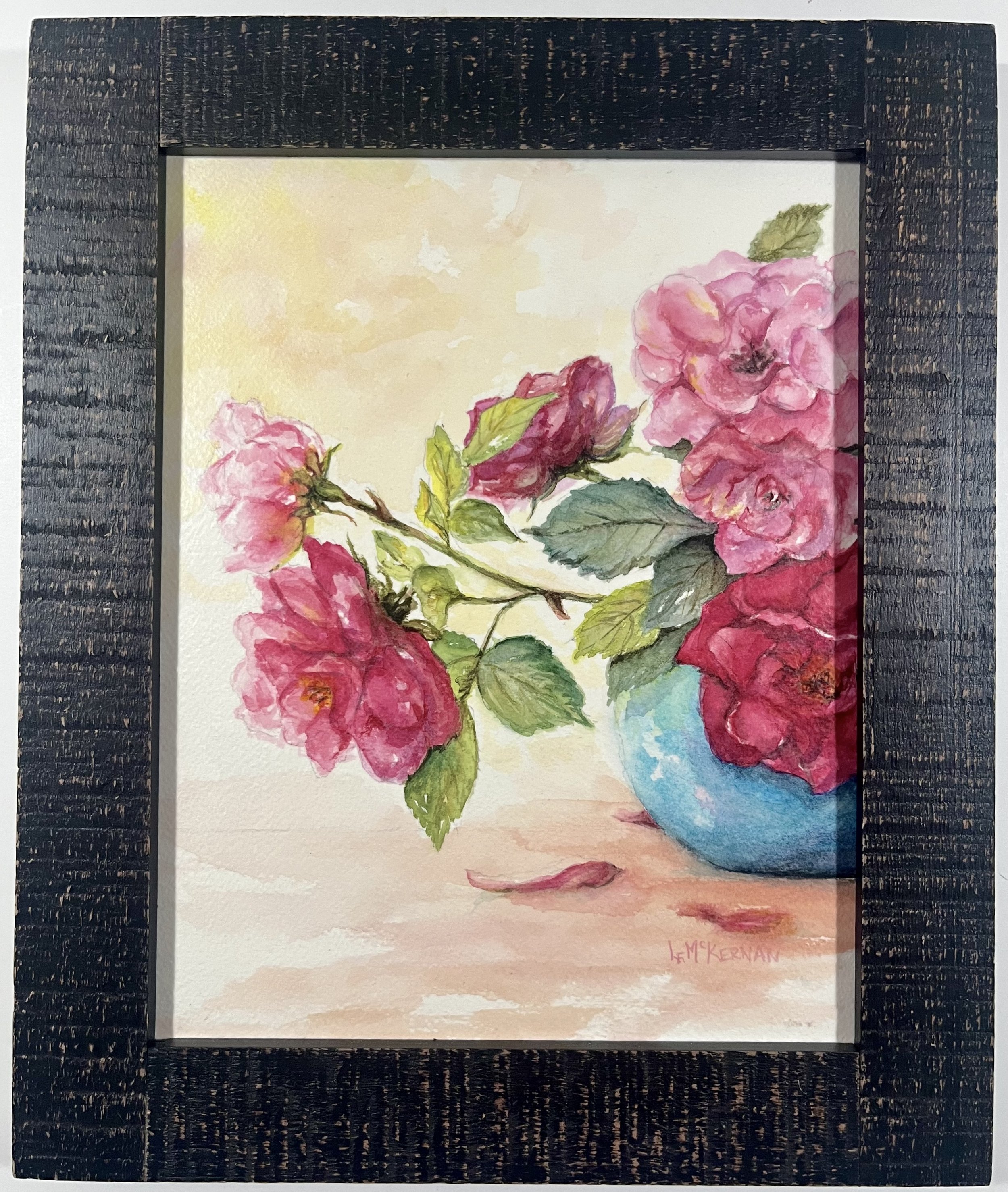 Pink Roses in Blue Vase 
Waxed watercolor on paper 
Wood panel 
10x8