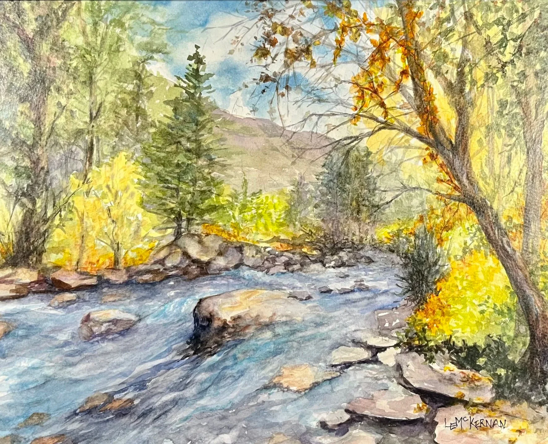 Rushing Waters - Wyoming **SOLD**
Waxed watercolor on paper 
Wood panel/premium frame 11x14 
$85