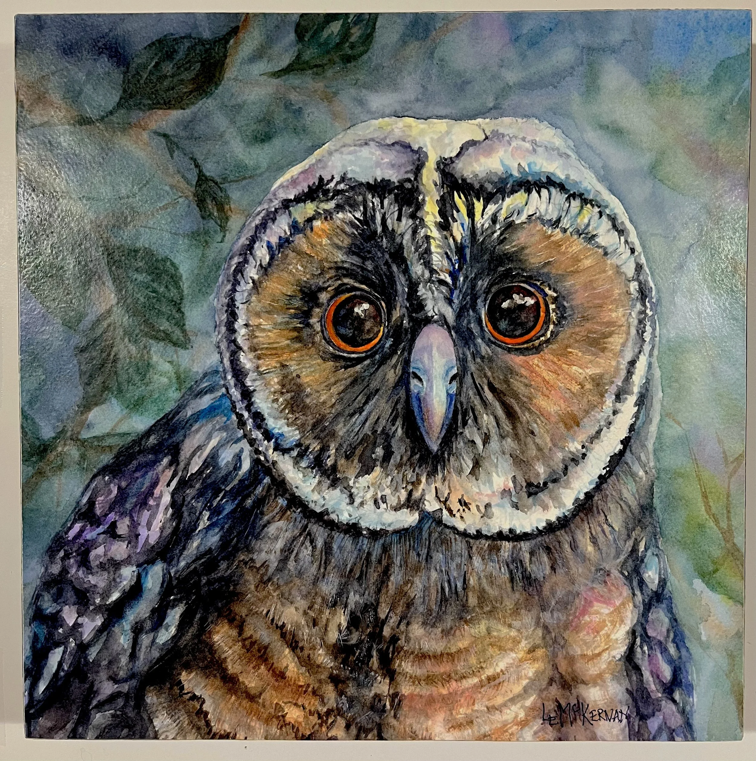 Who Are You...Who, Who? 
Waxed watercolor on paper 
Cradle board 
12x12