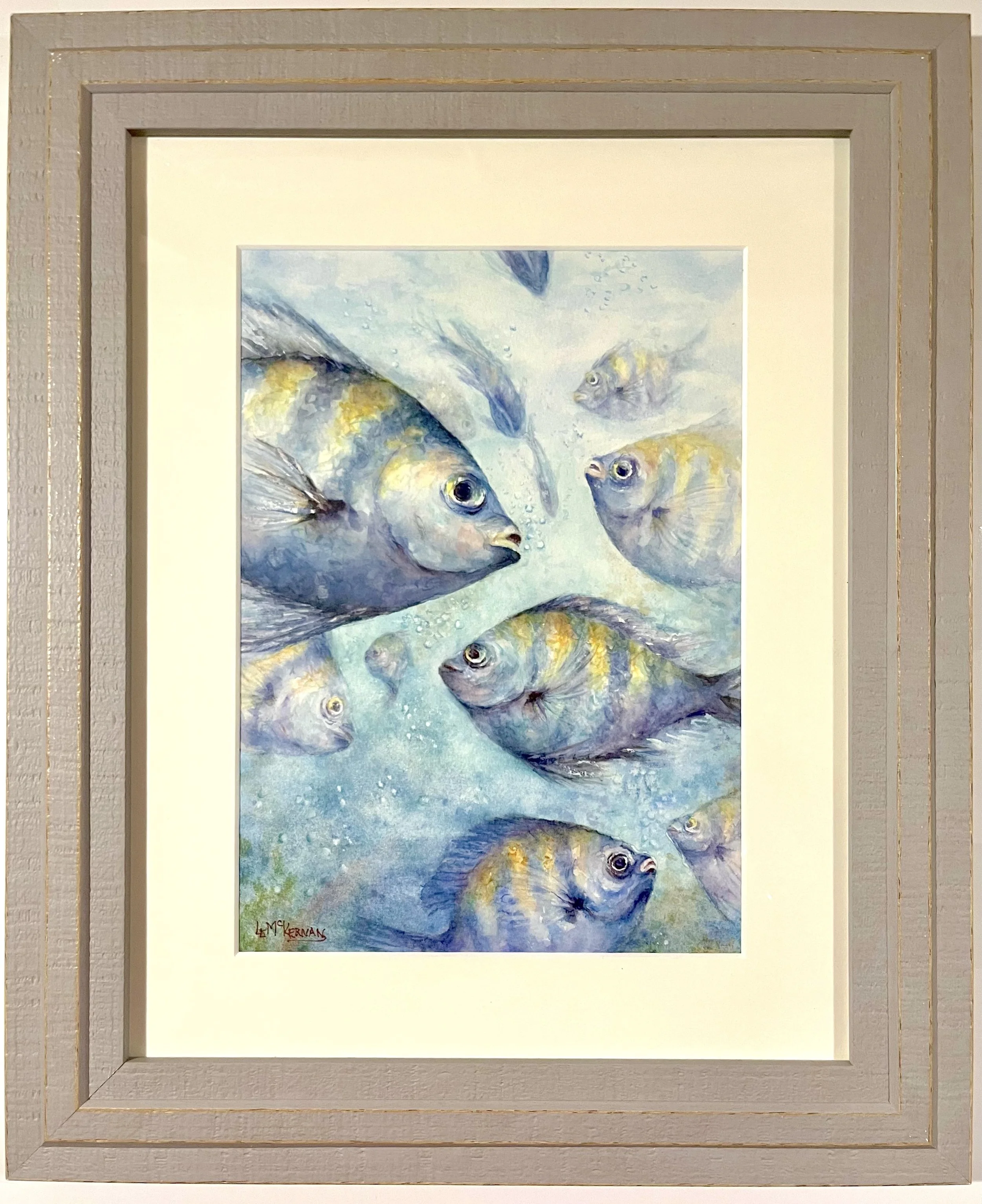 Stripes & Bubbles 
Watercolor on paper 
Mat/backer board 
11x8