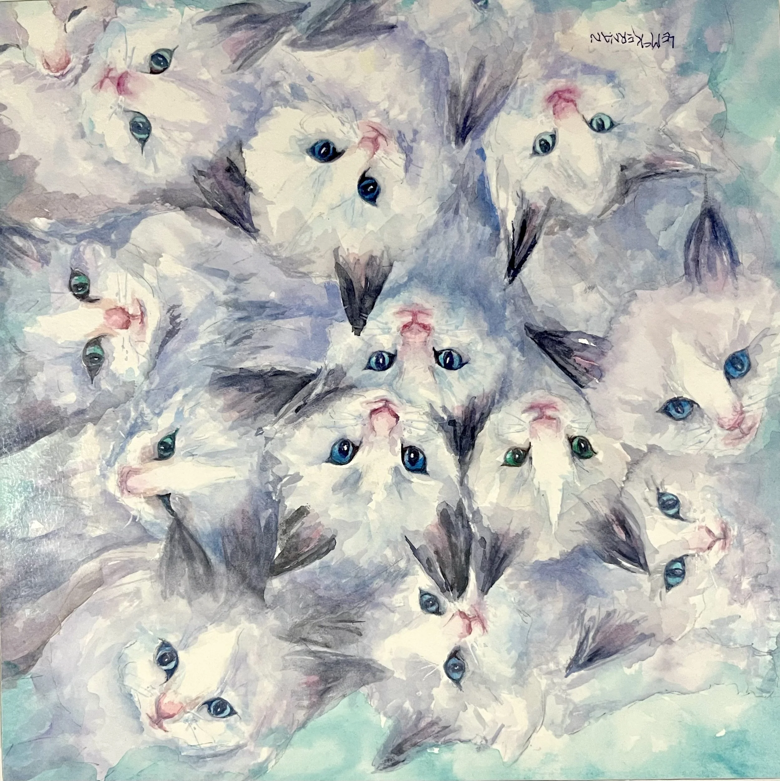 Kitten Kaleidoscope
Waxed watercolor on paper 
Cradle board
12x12