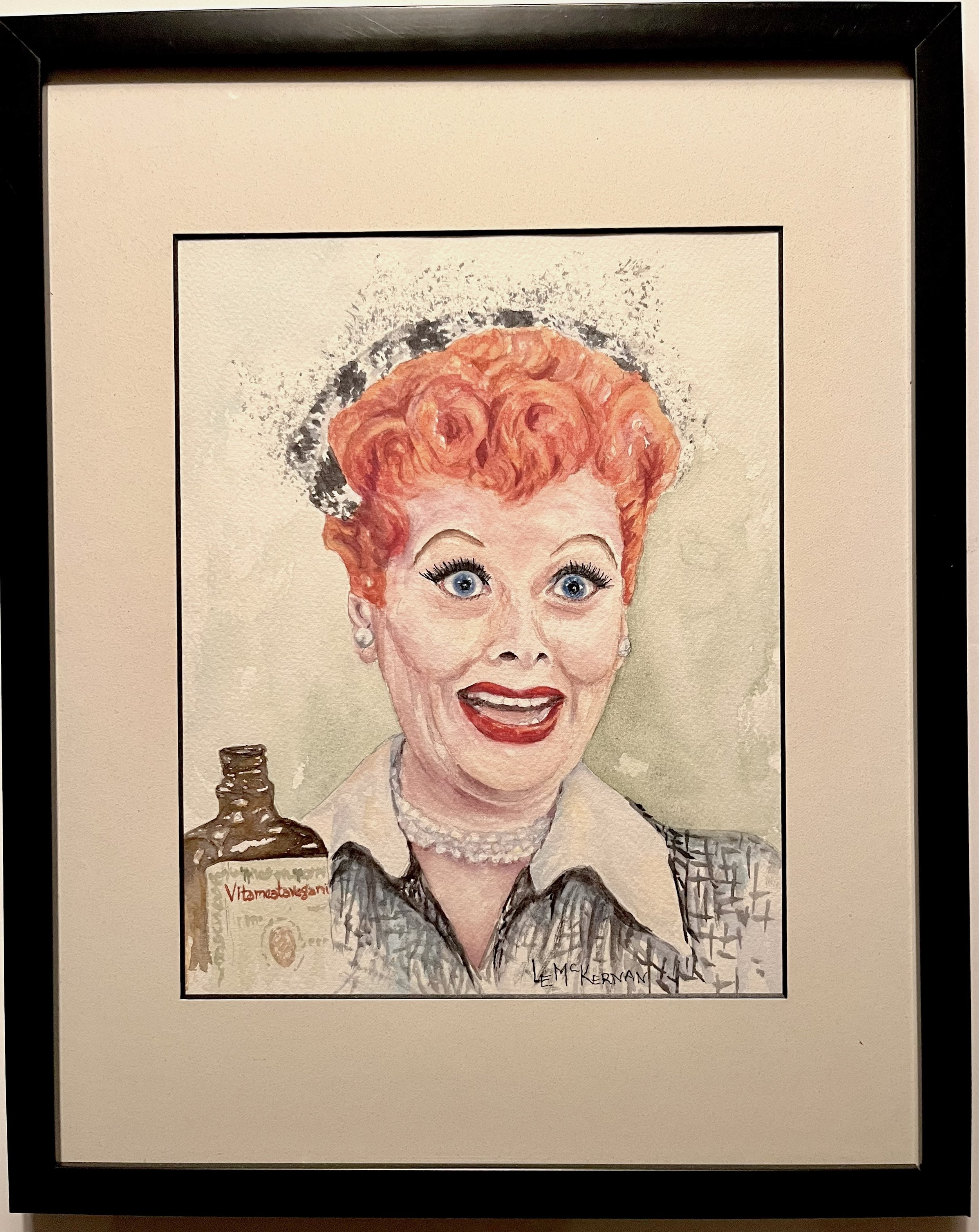 Lucille Ball Vitameatavegamin 
Watercolor on paper 
Mat/backer board 
10x8