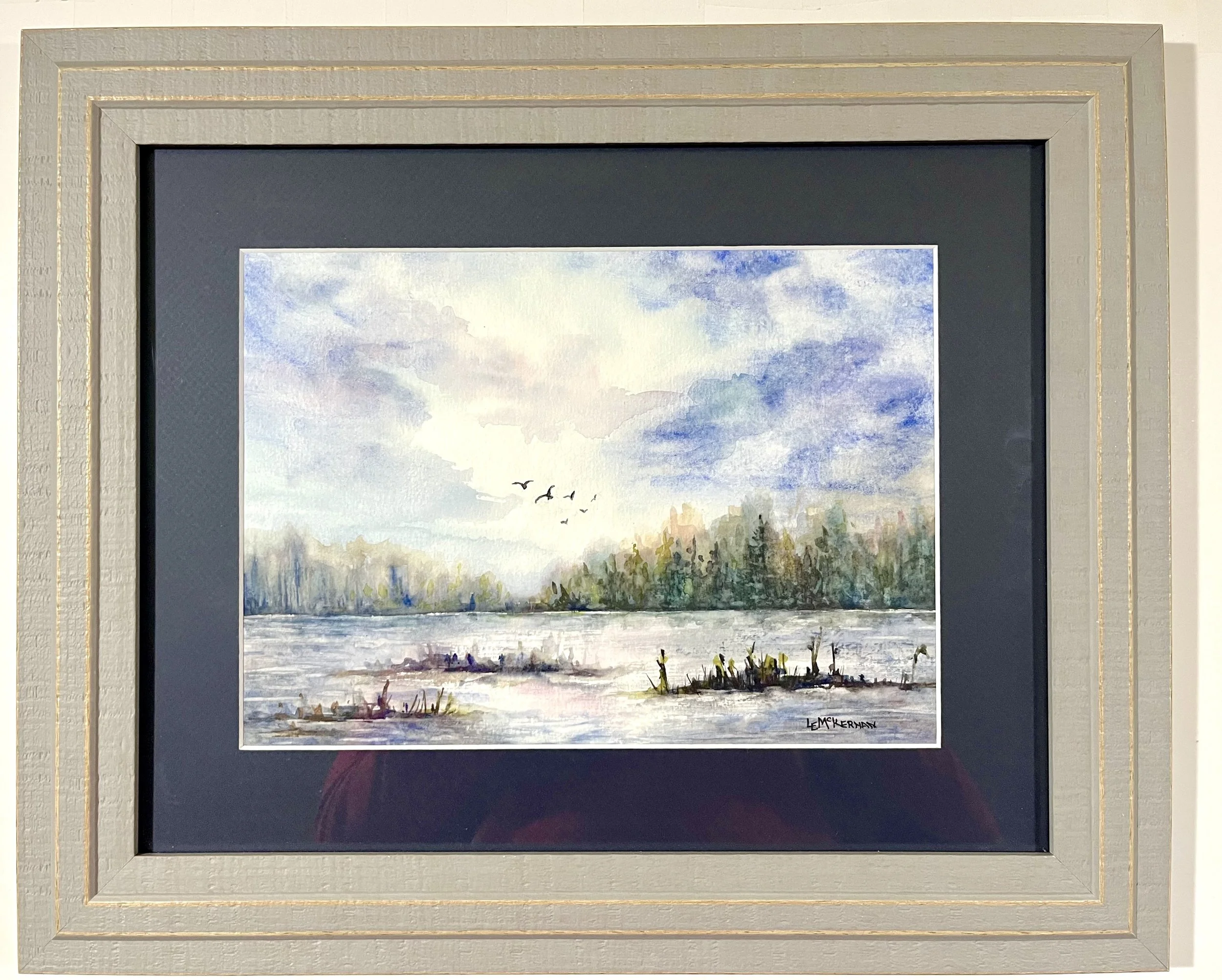 Serenity on the Lake 
Watercolor on paper 
Mat/backer board 
8x11