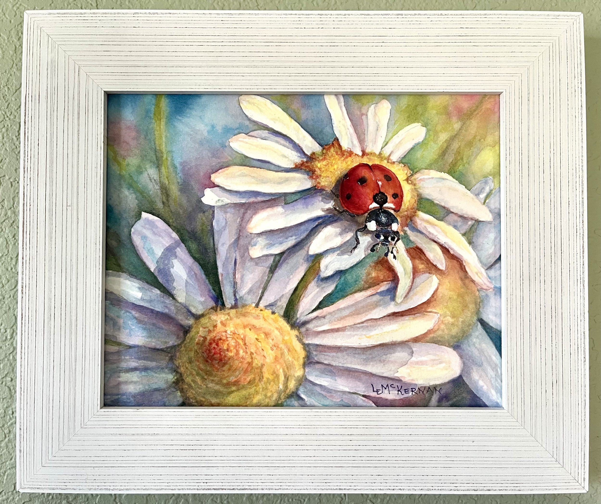 Flowers for the Ladybug 
Waxed watercolor on paper 
Wood panel 
8x10