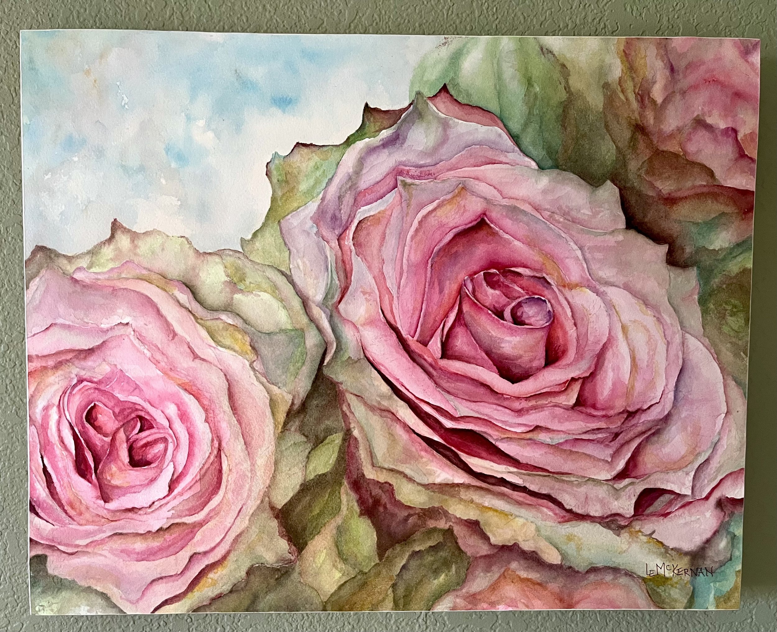 Pink & Green Roses 2 
Waxed watercolor on paper 
Cradle board 
16x20